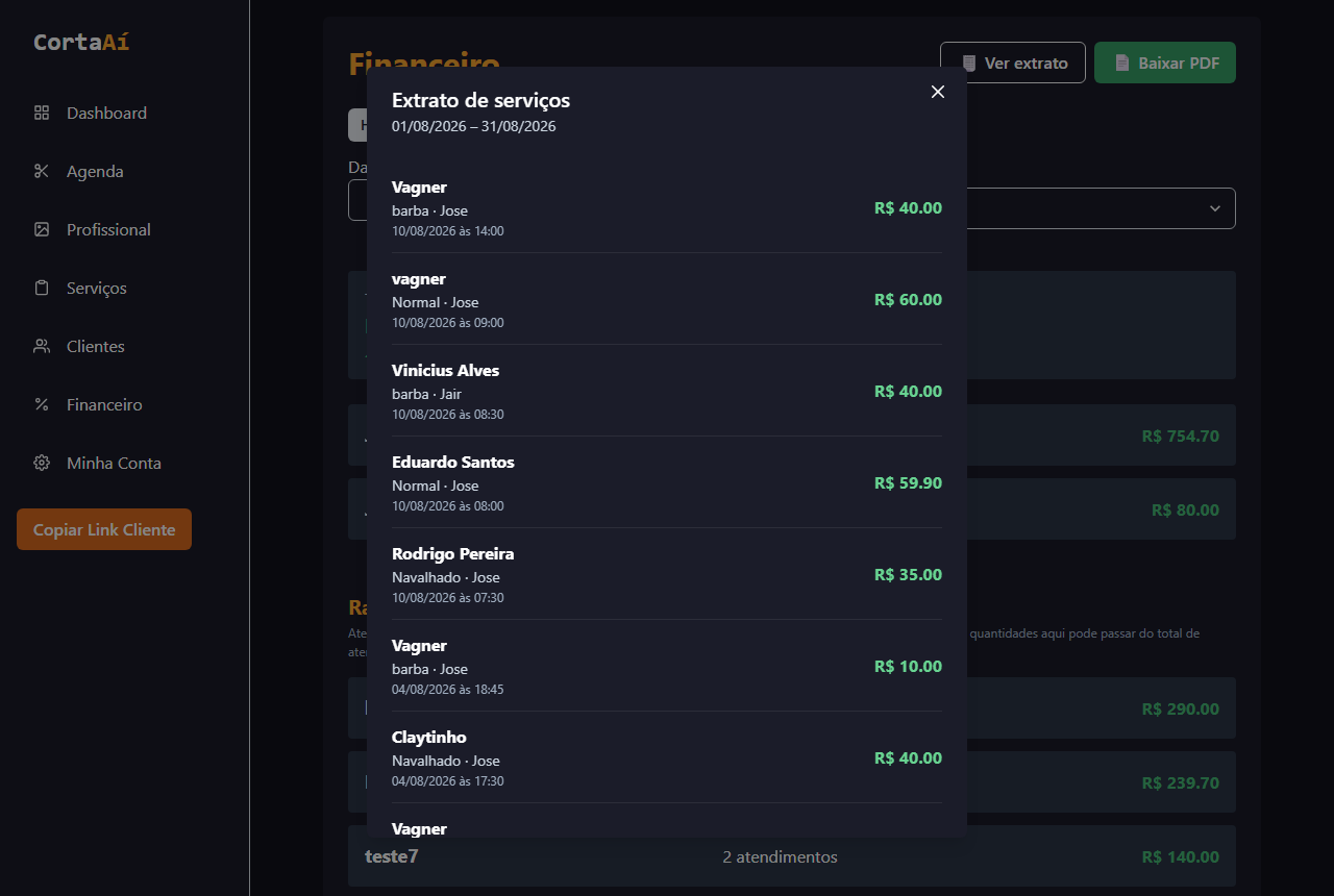 Modal de extrato de atendimentos do CortaAí